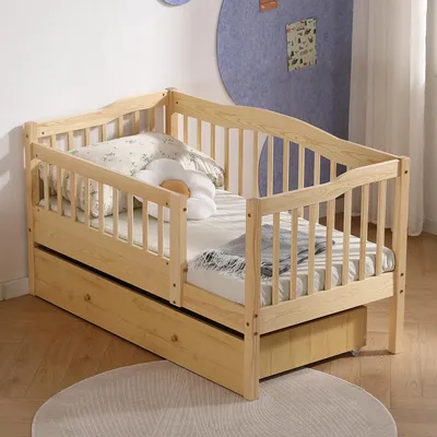 Produktbild von FCH Kinderbett mit Schubladen 80x160cm, Hausbett mit Lattenrost, Bodenbett mit Stauraum und Abnehmbarer Barriere, Naturbelassen