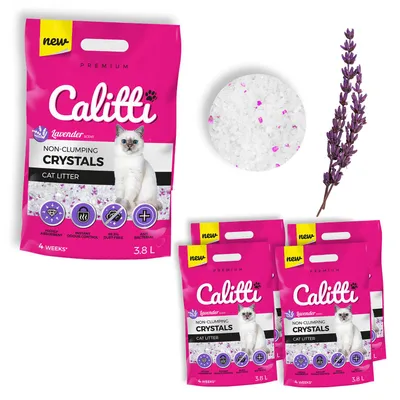Produktbild von Calitti Silikat Katzenstreu Lavendelduft – Premium Kristallstreu, antibakteriell & staubfrei – 4er Set (4×3,8 L = 15,2 L)