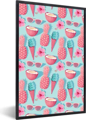 Produktbild von MuchoWow® Gerahmtes Poster Sommer - Rosa - Blau 40x60 cm - Poster mit Schwarzem Bilderrahmen Wandposter Rahmen Foto Bilder - Papierdruck - Wandbilder