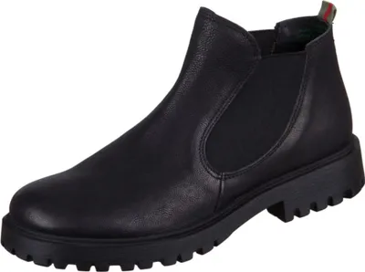 A black leather Chelsea boot with a lug sole is shown against a white background.