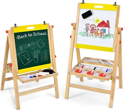 Produktbild von Doppelseitige Kindertafel aus Holz, höhenverstellbare 3 in 1 Kinder Spiel-Tafel, Whiteboard, Standtafel mit Zubehör, für Kinder ab 3 Jahren (Gelb)