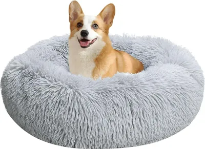 Produktbild von Plüschiges Plüsch-Haustierbett rund weich plüschig rutschfest Katzenkissen waschbar (M  50 cm hellgrau)