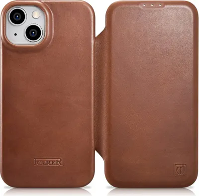 Zdjęcie produktu dla iCarer CE Oil Wax Premium Leather Folio Case skórzane etui iPhone 14 Plus z klapką magnetyczne MagSafe brązowy (AKI14220707-BN)