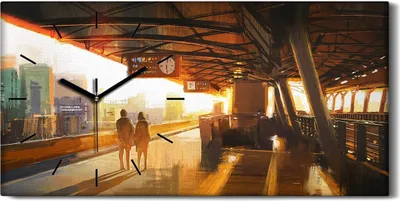 Produktbild von Wandbild Leinwand Bilder mit Uhr 60x30 Gemälde Paar das auf einen Zug wartet - schwarze Hände