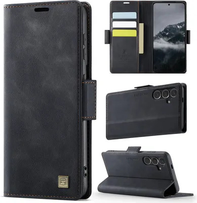 Obrázek produktu pro Kožené pouzdro pro Samsung Galaxy S24 FE, RFID ochranou, magnetickým uzávěrem, přihrádkami na karty a stojánkem Černý