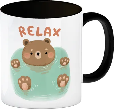 Produktbild von Bär Kaffeebecher in schwarz mit Spruch Relax