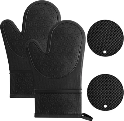 Obrázok produktu pre Chňapky silikónové 1 pár, žiaruvzdorné 240°C, 2 chňapky na hrnce, protišmykové, čierne, pre BBQ