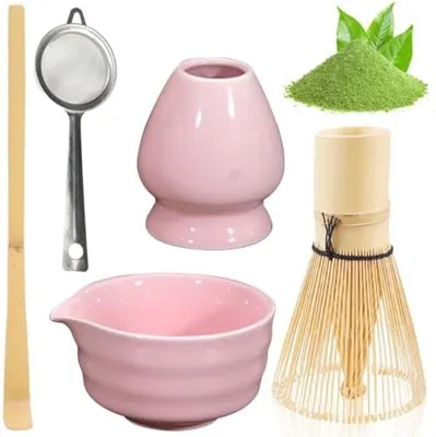 Produktbild von PolkaHome® Japanisches Teeset – 5-teiliges Keramik-Matcha-Zubehör in Zartrosa, 28 x 18 x 8 cm