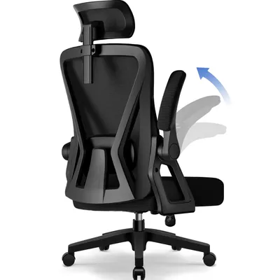 Rear view of an ergonomic office chair with adjustable headrest and armrests, shown against a white background.
