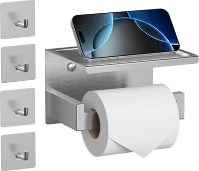 Image de Porte-rouleau de papier toilette sans perçage avec 4 crochets autocollants, porte-rouleau en acier inoxydable avec plaque, fixation murale par adhésif pour salle de bains, couleur argent