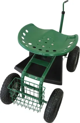 Zdjęcie produktu dla Wózek ogrodowy na kółkach o nośności 150 kg, wózek z siedziskiem, pomocnik ogrodowy, zielony, profesjonalny skuter z schowkiem na narzędzia i koszem
