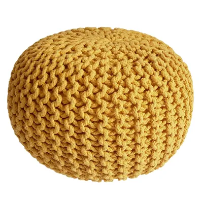 A yellow knitted pouf on a white background.