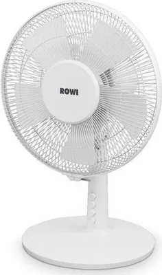 A white oscillating desk fan.