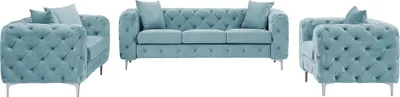 Produktbild von 3-Sitzer-Sofa, 2-Sitzer-Sofa und Chesterfield-Sessel aus hellblauem Velours - EDWINA