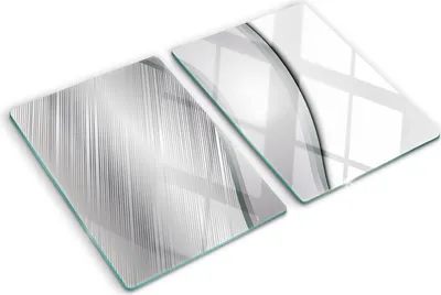 Produktbild von Tulup Glas Herdabdeckplatte - 2x40x52 cm - Glaskeramikkochfeld-Abdeckung Spritzschutz Glasabdeckplatte Kochplattenabdeckung und Schneidebrett - Zweiteilig - Material-Textur - Metall Textur - Silber