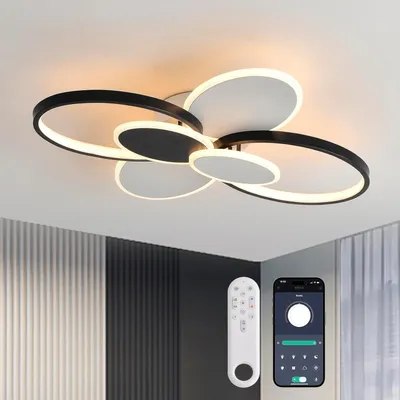 Produktbild von RRBEST LED Deckenlampe Wohnzimmer, 62CM Dimmbar Wohnzimmer Deckenleuchte mit Fernbedienung, Modern 6-Ringe Design Deckenbeleuchtung mit Memory Funktio