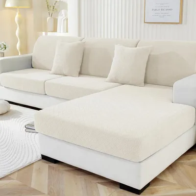 Produktbild von Stretch Sofa Sitzkissenbezug CremeWeiß 1 Sitzer*2+Chaiselongue