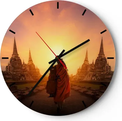 Produktbild von Wanduhr - Rund - Glasuhr - Tempel Mönch - 40x40cm - Schleichendes Uhrwerk - Lautlos - zum Aufhängen bereit - Dekoration Modern - Wanddekoration aus Glas - C3AR40x40-3472