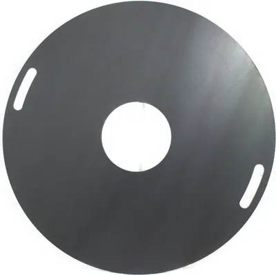 A circular, dark gray metal plate with a hole in the center and two oval-shaped handles on the outer edge, set against a white background.