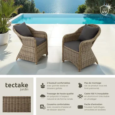 Image de 2 fauteuils en rotin avec structure en aluminium, coussins d'assise et de dossier inclus - marron naturel