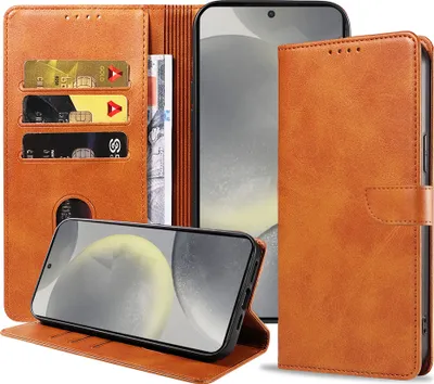 Immagine prodotto di Adatto a Samsung Galaxy S24 Custodia in ecopelle con labbro magnetico e portacarte a libro con patta - Marrone - Smartphonics