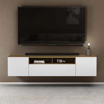 Image de doporro Meuble TV Bas 180x34,4x39cm Armoire TV Marron Clair + Blanc Mat Clair Table de Télévision Salon avec 3 Portes Meuble TV Suspendu Fernsehschrank03
