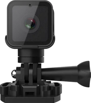 A black action camera with a mounting bracket.