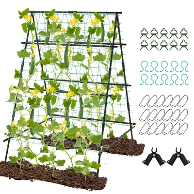 Immagine prodotto di Set di supporti per cetrioli COSTWAY, a forma di A, supporto per piante con rete da giardino e clip per piante, griglia metallica, supporto per piante 130x105x151 cm, nero