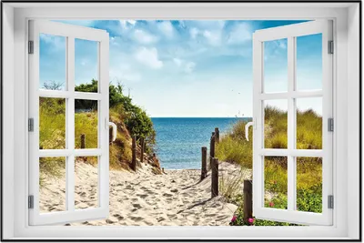 Produktbild von Wallario Wandbild mit Fenster-Illusion: Auf dem Sandweg zum Strand, Größe: 61 x 91,5 cm, Poster mit schwarzem Aluminiumrahmen