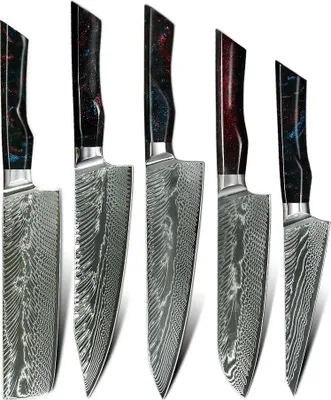 Produktbild von Yoru Damast Küchenmesser Set – Eleganz in Rot und Blau KP37407