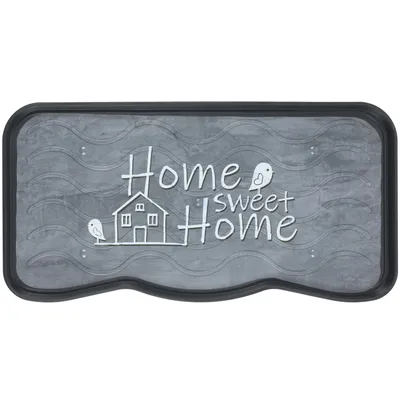 A doormat with the text "Home Sweet Home" and a drawing of a house and two birds.