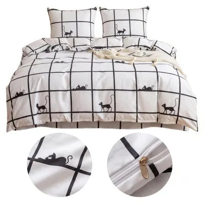 Zdjęcie produktu dla Komplet Pościeli Dwuosobowej Krata z kotami 220x200 z 2 Poszewkami 70x80