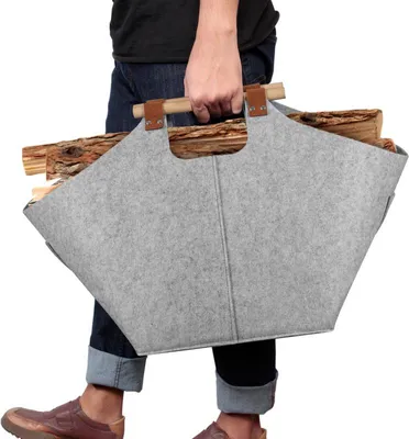 Produktbild von Jayseuw Filzkorb mit Holzgriffen, Holzkorb für Kaminholz, Brennholzkorb aus Filz 3mm, Hellgrau