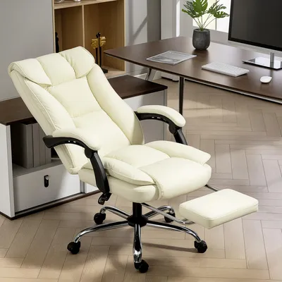 Produktbild von Bürostuhl mit Fußstütze Kunstleder Beige, Chefsessel 155° neigbar haustierfreundlich, Schreibtischstuhl | 72x66x121 cm | 13 cm Polster | Taschenfedern