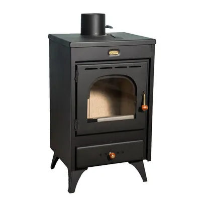 A black wood-burning stove with a glass door and a drawer at the bottom, set against a white background.