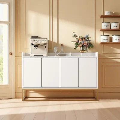 Zdjęcie produktu dla Komoda INONEFT z 4 drzwiami i półkami, 120x30x80 cm, nowoczesna komoda, szafka kuchenna, komoda do salonu, idealna do jadalni, salonu i kuchni, kolor biały