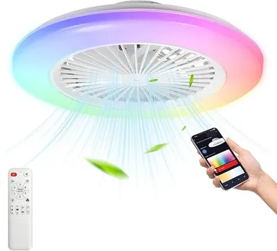 Zdjęcie produktu dla Wentylator sufitowy z oświetleniem, inteligentny wentylator LED RGB, średnica 50 cm, lampa sufitowa z wbudowanym wentylatorem, możliwość regulacji jasności, sterowanie za pomocą aplikacji i pilota, 6 stopni prędkości, 3 tryby barw światła, timer, tryb letni/zimowy