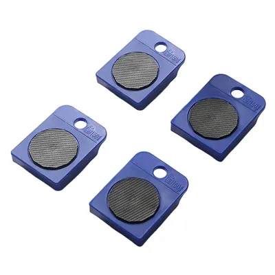 Four blue furniture movers with black grip pads are arranged on a white background.