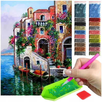 Zdjęcie produktu dla Haft diamentowy ARTULIO - Barwne miasto nad brzegiem morza - 30 x 40 cm - Diamond painting, Kompletny zestaw: mozaika + akcesoria