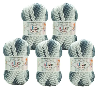 5 x 100g Baby-Wolle Strickgarn ALIZE Baby Best Batik 7542 grau blau weiß