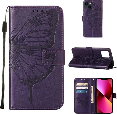 Produktbild von iPhone 13 Hülle, Schmetterling Prägung Flip Leder Kartenfächer Schutzhülle Ledertasche mit Ständer für iPhone 13 Lila