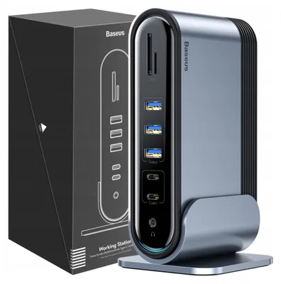 Obrázek produktu pro Baseus CAHUB-DG0G, USB 3.2 Gen 1 (3.1 Gen 1) Type-C, 100 W, Černá, Šedá, MicroSD (TransFlash), SD, 3.5mm, HDMI, RJ-45, USB 2.0, USB 3.2 Gen 1 (3.1 Gen 1) Type-A, USB 3.2 Gen 1 (3.1 Gen 1) Type-C, VGA, USB typ C na USB typ C