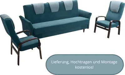 Produktbild von Couch plus zwei Sessel BOSTON Sofa mit Schlaffunktion Bettkasten, zwei Kissen - Satz: 3 + 1 + 1, verschiedene Farben - Türkis