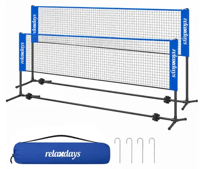 Image de Relaxdays, filet de badminton, support réglable en hauteur, 400 cm, sac de transport, idéal pour le jardin et le camping, filet pour badminton, bleu/noir