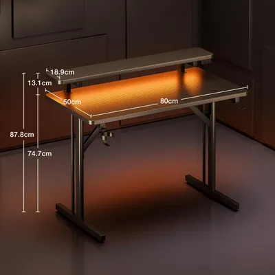 Image de Bureau de jeu - 80 cm de largeur, fibre de carbone noire - 88 cm de hauteur - Structure métallique - Avec éclairage LED - Bureau pour ordinateur