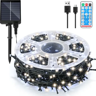 Obrázek produktu pro Vigevee LED solární světelný řetěz, 50 metrů, 500 LED diod, 8 režimů, solární lampa pro vnitřní i venkovní použití, ideální pro zahradu, party a vánoční dekorace, venkovní osvětlení, dekorace, studená bílá