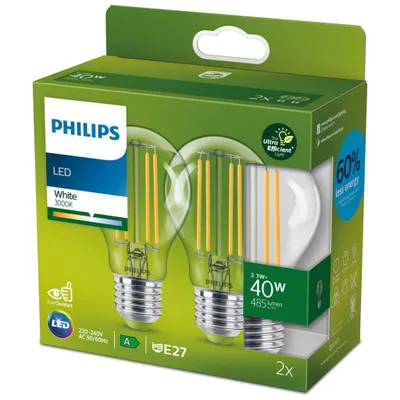 Produktbild von Philips Filament-Lampe, transparent, 40W A60 E27 x2, 2,3 W, 40 W, E27, 485 lm, 50000 h, Weiß