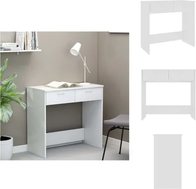 A white desk with two drawers and a lamp on top, placed in a room with a plant and a chair.