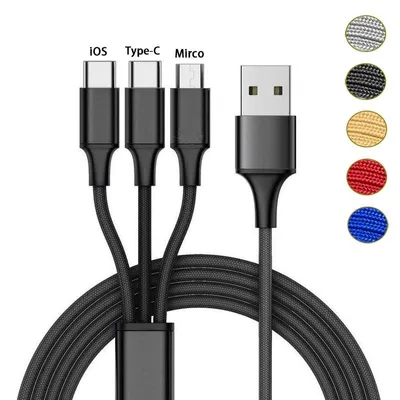 Produktbild von 3in1 Ladekabel Universal Handy für Apple iPhone Samsung Huawei Lenovo Xiaomi Micro USB Typ C Laden Länge 1.8m - Schwarz