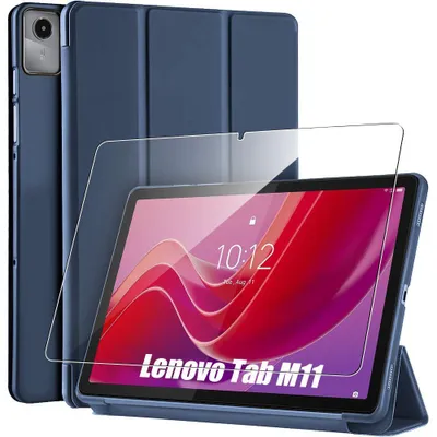 Image de Coque + Verre Trempé pour Lenovo Tab M11, Anti-Rayures avec Support Veille-Réveil - Bleu Marine